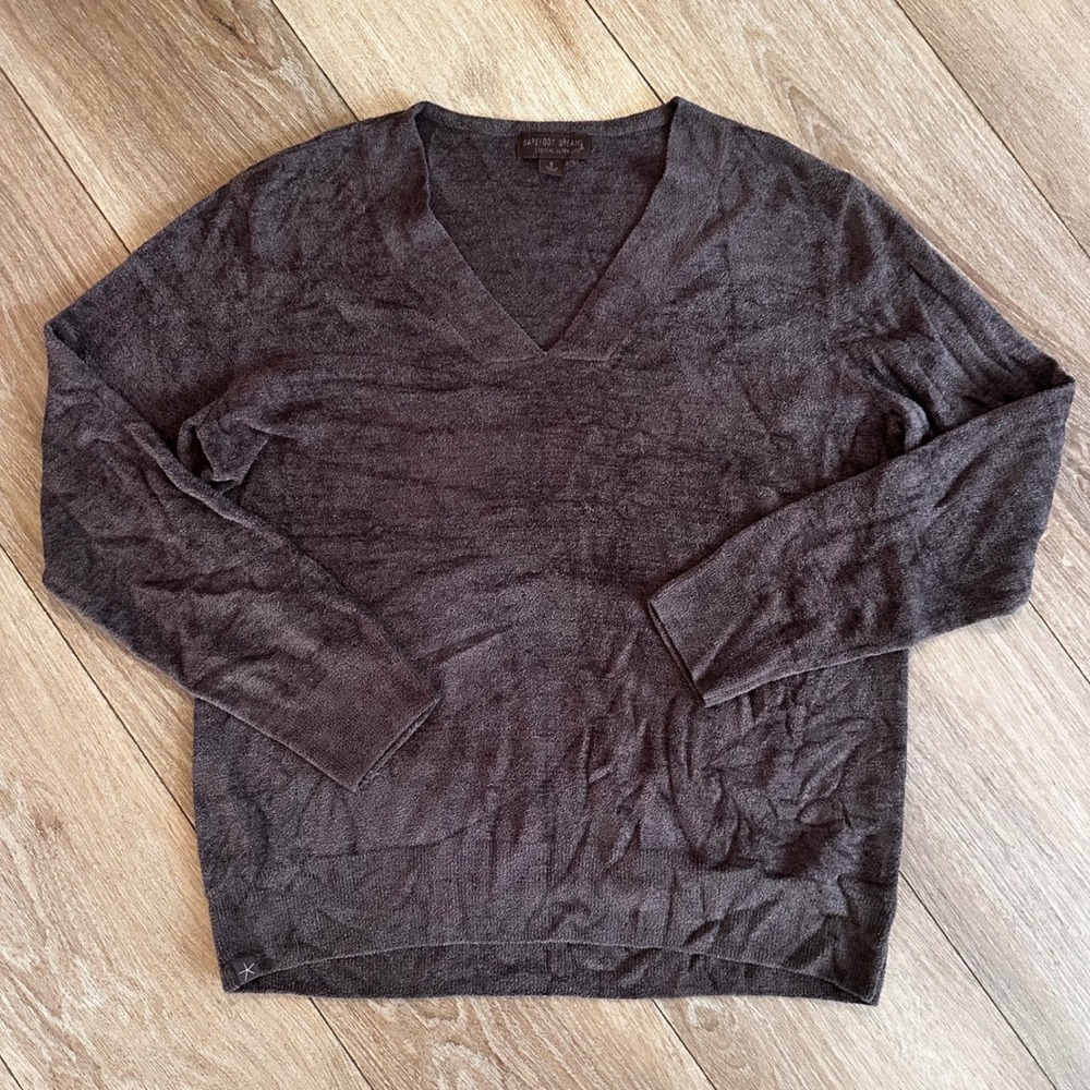 Barefoot Dreams CozyChic Ultra Lite V-Neck Pullover Brown Sweater BDWCU23159 S